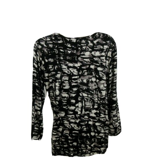CALVIN KLEIN Faux Wrap Front Top Size M Black Print V-Neck 3/4 Sleeves Stretch - Picture 2 of 7